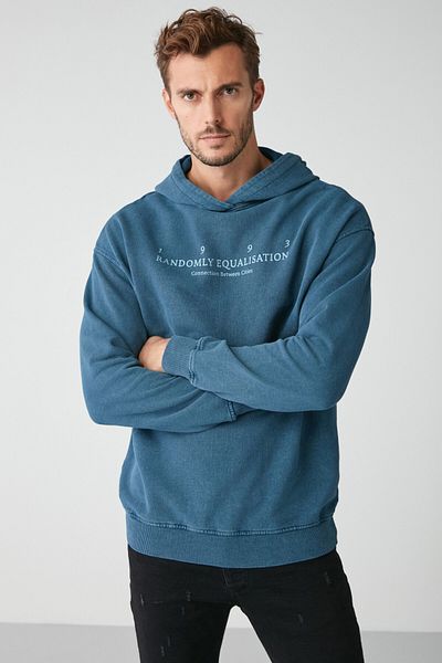 GRIMELANGE Copper Men's Faded Effect Printed Fleece-Free Hooded Sweatshirt