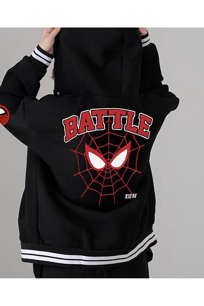 Touz Spiderman Front-Back Printed Unisex Oversize Black College Jacket