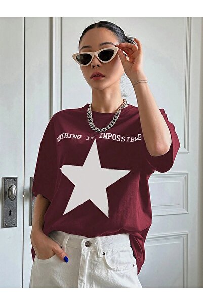 OVER HEAD Tricou de damă oversize, roșu Claret Imposible Star cu model