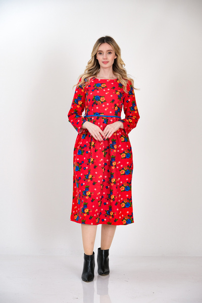 İna Divitin Pazen'den Kırmızı Zemine Mavi Çiçekli Kışlık Elbise