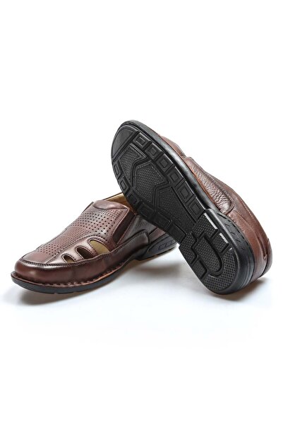 TUGERDİ Hakiki Deri Taba Ortopedik Hafif Taban Klasik Erkek Sandalet TG096621...