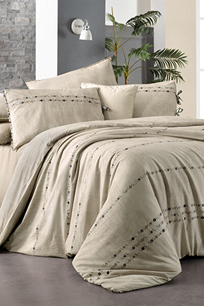 Sarev Tanya Beige Single 100% Cotton Poplin Washable Double Sided Duvet Cover Set