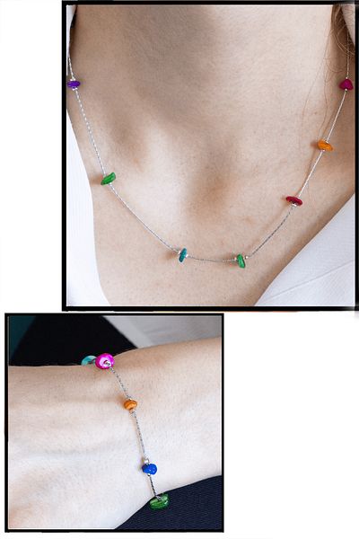 Tesbih Atölyesi Certified Colored Mother of Pearl Stone Natural Stone Necklace Bracelet Set