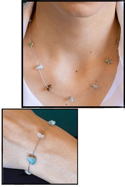 Tesbih Atölyesi Certified Silver Amazonite Stone Natural Stone Necklace Bracelet Set