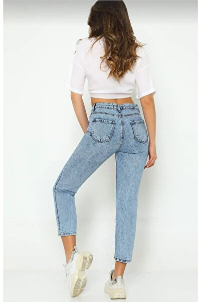 MAKRAS EXCLUSIVE Jaxen Kadın Mavi Asit Kar Yıkamalı Yüksek Bel Boyfrend Mom Jeans Pantolon