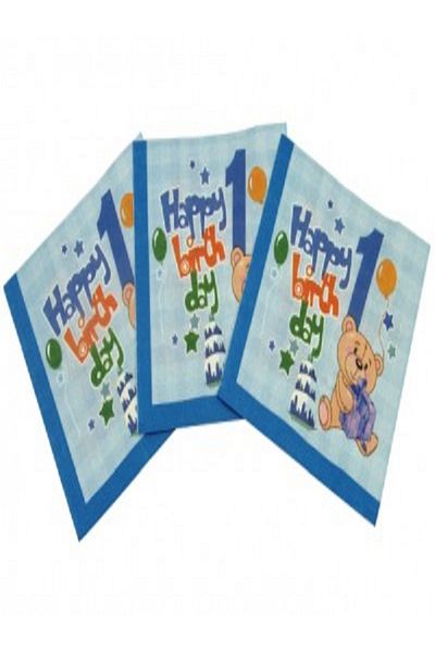 Kazanabil 20 Pcs HAPPY BIRTHDAY 1 YEAR OLD THEMED DOUBLE FOLD PAPER NAPKIN BLUE