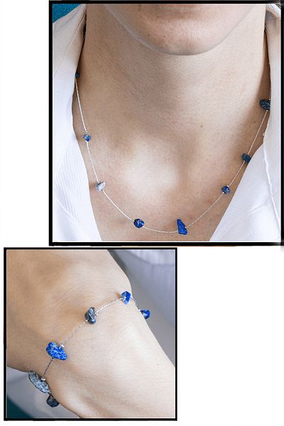 Tesbih Atölyesi Natural Stone Necklace Bracelet Set with Certified Lapis Lazuli Stone