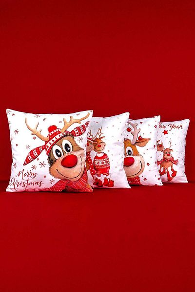 Cango Home Red New Year Deer Patterned Set of 4 Digital Printed Throw Pillow Cases St-4Kmbs322
