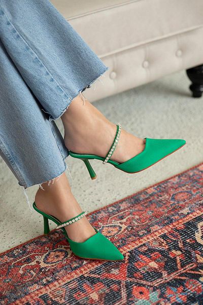 STRASWANS Berta Women's Heeled Stone Detail Fabric Sandals Green