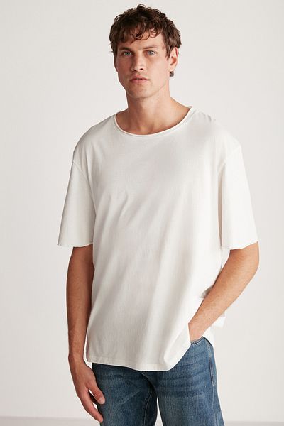 GRIMELANGE Ανδρικό μπλουζάκι Davınson Ανοιχτό γιακά Oversize Fit 100% βαμβακερό λευκό μπλουζάκι