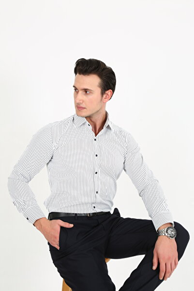 Black Moon Men's Slim Fit Solid Color Detail Patterned Cotton Shirt Collar Classic Shirt