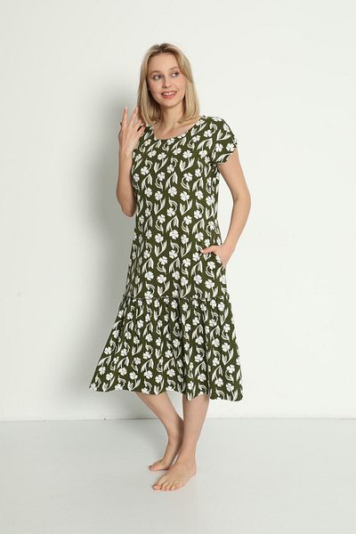 İntensive Short Sleeve Patterned Modal Dress - Pocket and Drawstring