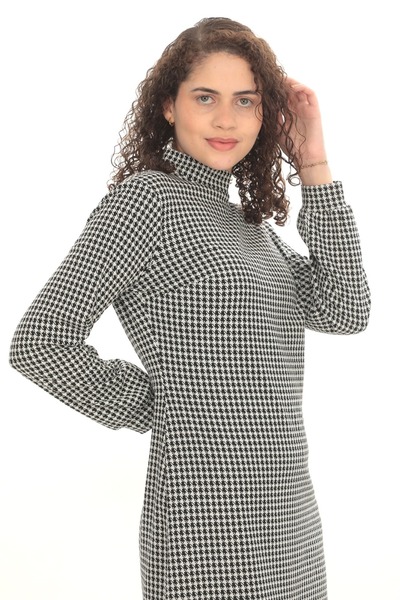 etselements X MODAPO Kadın Dik Yaka Uzun Kollu Mini Örme Kazayağı Elbise