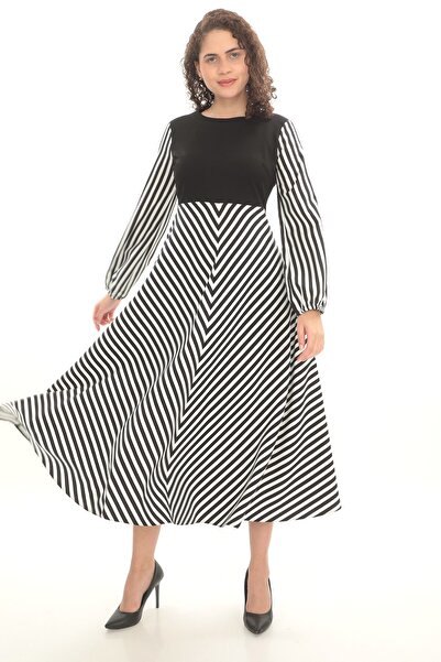 etselements X MODAPO Çizgili Önü Örme Kumaş Uzun Kollu Maxi A Kesim Elbise