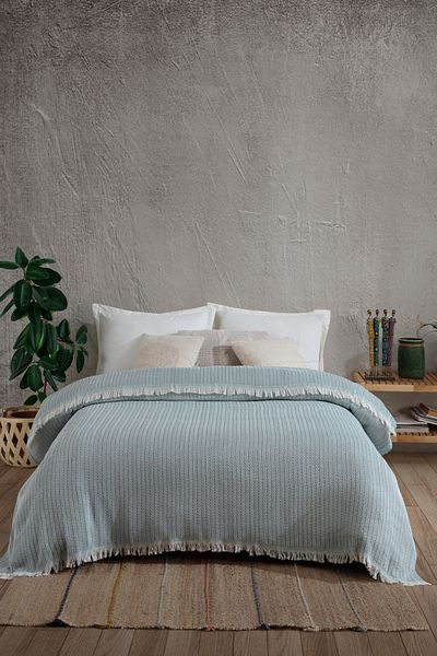 Lux Touch بيكيه مزدوج باللون الأخضر الزيتوني من Vera - غطاء أريكة سرير قطني مقاس 200 × 220 سم وبطانية تلفزيون