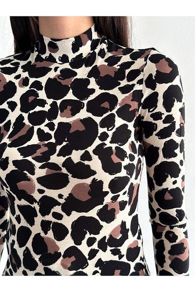 laughs WOMEN'S BROWN-BLACK LARGE LEOPARD PATTERNED HALF TURTLEneck LONG SLEEVE BLOUSE BLZ1002