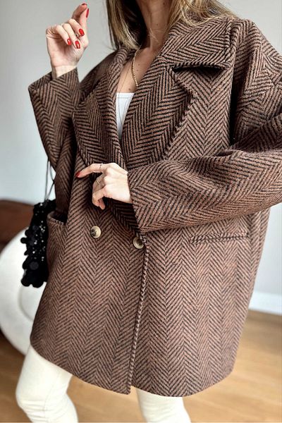 Suzi butik Hnědočerná barva Vzorovaný oversize Krátký kabát standardní velikosti s podšívkou