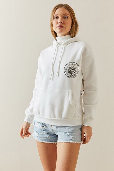 XHAN White Tiered & Back Printed Hooded Sweatshirt 4KXK8-47836-01
