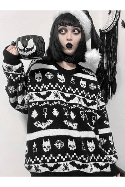 Köstebek Helloween Christmas Themed Bat Patterned Winter Sweater