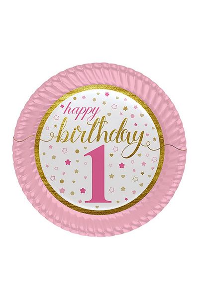 Kikajoy Pink Plate 1 Year Old Girl Birthday Cardboard Plate 8 Pieces