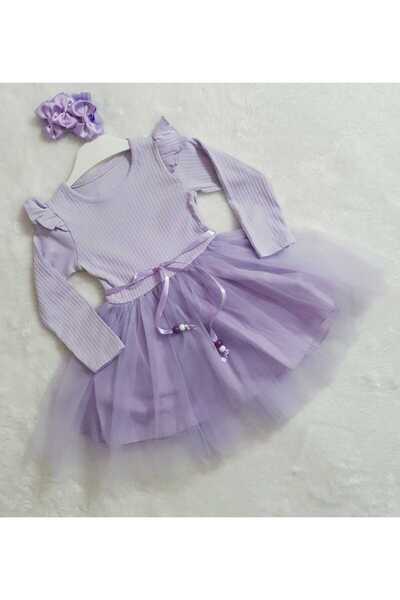 Retro Women Kız Çocuk Lila Uzun Kol Tütülü Doğum Günü Özel Gün Yılbaşı Hediye Günlük Prenses Elbise