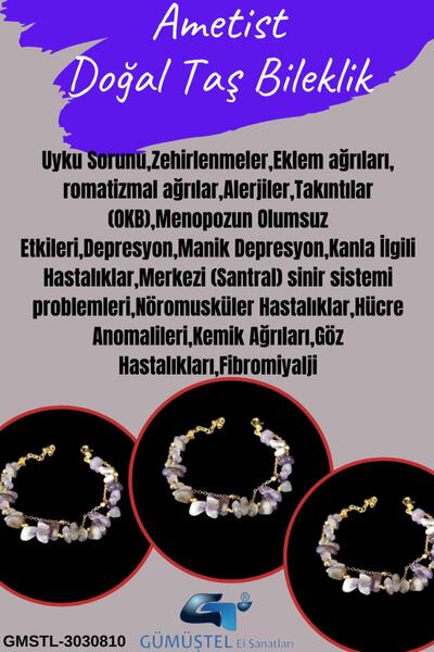 GÜMÜŞTEL EL SANATLARI Certified Amethyst Natural Stone Bracelet Special Design