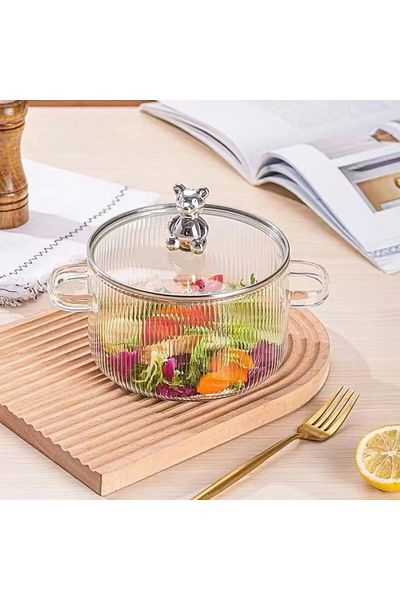 Akkoyunlu home Figured Heat Resistant Steel Lid Striped Glass Pot Soup, Salad Pot 1.7L