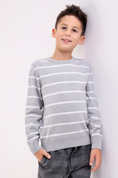 Matte Venice Boy's Light Gray Crew Neck Striped Knitwear Sweater