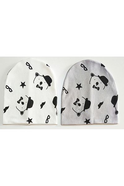 neocotton Double Layer Cotton Hat Bear Printed Set of 2 Combed Cotton Baby Kids Beanie