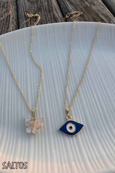 Saltos 2-Piece Necklace White Butterfly Necklace and Evil Eye Bead Necklace Gold Necklace White Butterfly and Evil Eye Bead