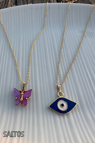 Saltos 2'li Kolye Mor Kelebekli Kolye Ve Mavi Nazar Boncuklu Kolye Gold Kolye...
