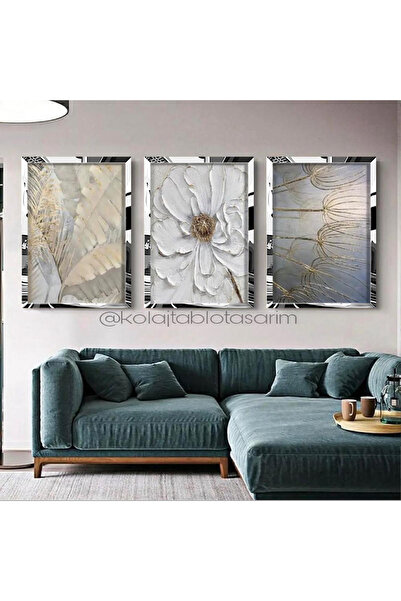 KOLAJTASARIM 3'lü Gümüş Pleksi Dekoratif Çiçekler Çerçeveli Tablo Seti