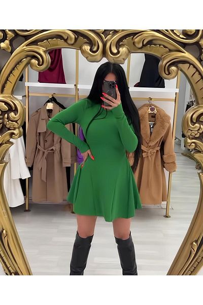 GİZAY Green Crew Neck Pleated Mini Dress
