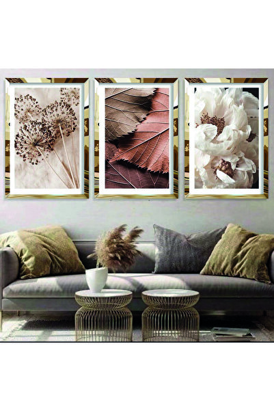 KOLAJTASARIM Vintage Doğa: Kırmızı Yapraklar ve Beyaz Çiçekler Üçlü Gold Pleksi Tablo
