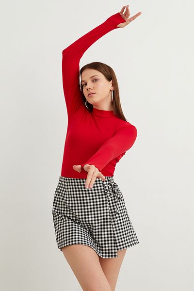 Yefrastore Women's Red Finger Detailed Bodysuit