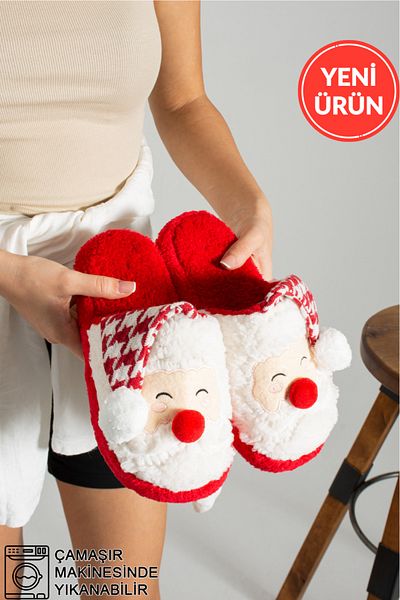 STOCON Papuci de casă pufosi cu figurină de Moș Crăciun, papuci de casă cu design special de Crăciun, talpă anti-alunecare