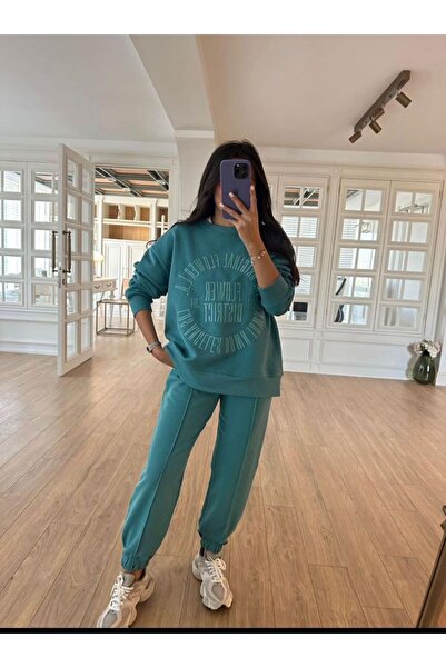 Çnru طقم بدلة رياضية بأرجل مطاطية، طباعة نص الجزء العلوي، رقبة دائرية، ماركة ...