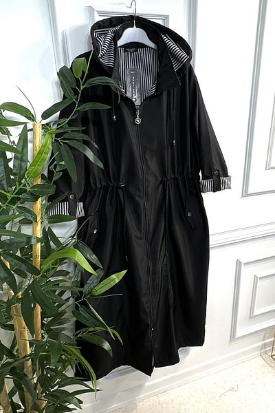 Aşkı Endam Large Size Removable Hooded Striped Full Length Trench - Black