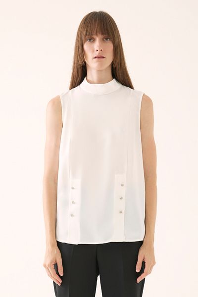 Perspective Cypress Regular Fit Standard Size Zero Sleeve Half Stand Collar Ecru Color Women's Blouse