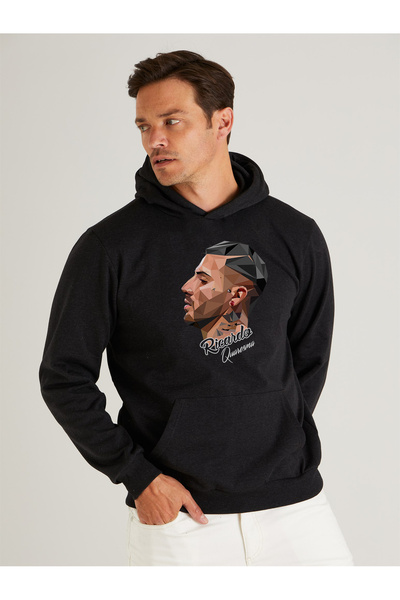 offsidesign سويت شيرت رجالي أسود بغطاء للرأس مطبوع بتصميم ريكاردو كواريزما