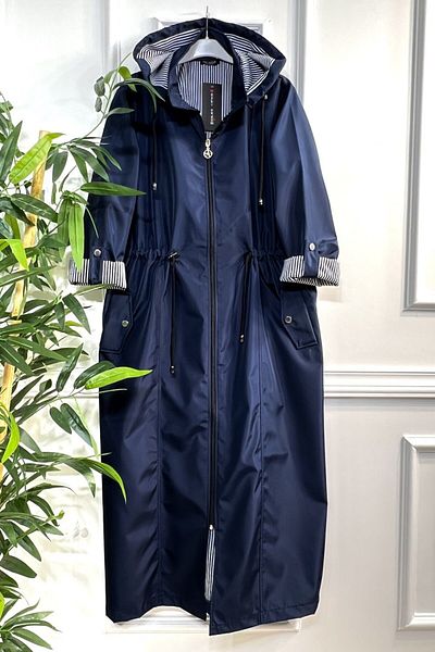 Aşkı Endam Large Size Removable Hooded Striped Full Length Trench - Navy Blue