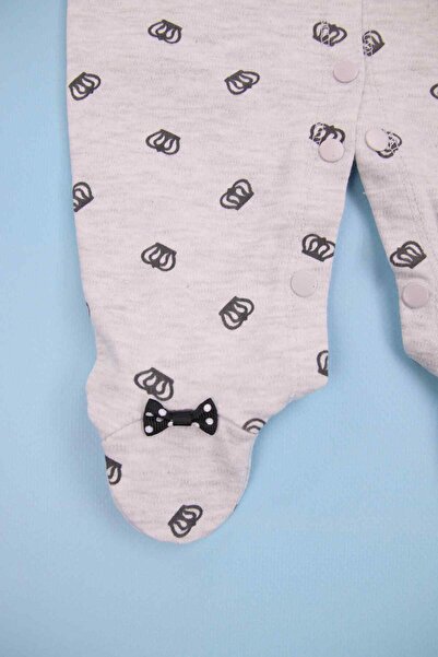 AMORE Lacivert Papyonlu Taş Işlemeli Taç Desenli Gri 3'lü Bebek Tulum Seti