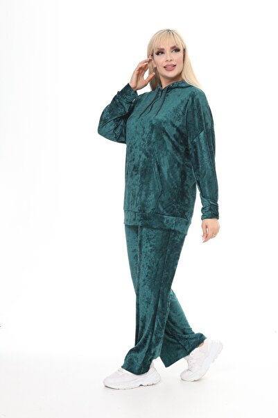 garajmood Green Velvet Kangaroo Pocket Hooded Plus Size Top & Bottom Set
