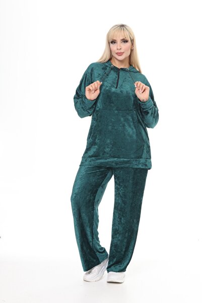 garajmood Green Velvet Kangaroo Pocket Hooded Plus Size Top & Bottom Set