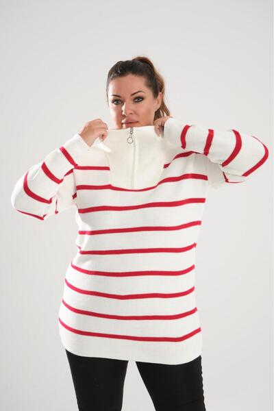 garajmood Guler cu fermoar alb Tricotat cu dungi roșii Pulover de mărime mare
