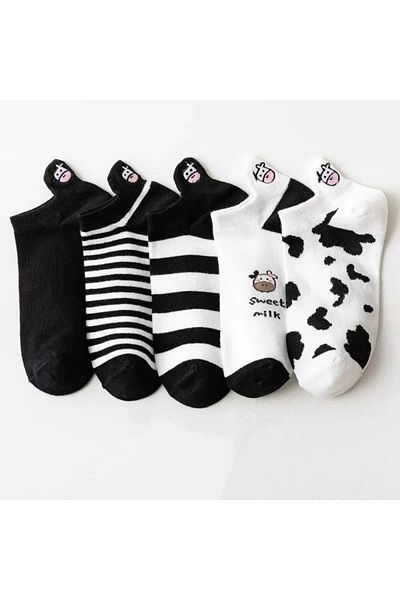 çorapaşkı Συσκευασία με 5 Unisex ασπρόμαυρες κάλτσες με μοτίβο αγελάδας με κεντημένα βαμβακερά μποτάκια