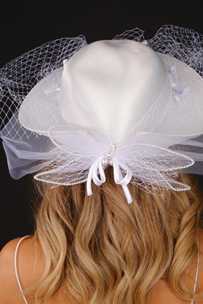 Hayalperest boncuk Kırık Beyaz Vualet Nikah Şapkası İzem İncili Gelin Aksesuarı