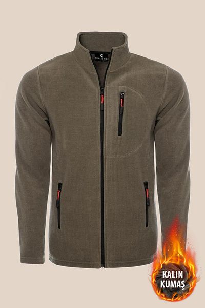 SUVASS CO Suvv Men's Polar Khaki Color Full Zip 3 Pockets Thick Outdoor Fleece Jacket Tactical Fleece