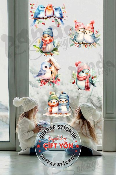 PANDA SOKAĞI Cute Christmas Auspicious Birds DOUBLE WAY, New Year Sticker Set, New Year Kids Baby Room