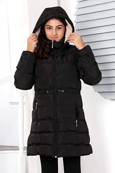 Buket Tekstil Черно, изключително меко пълнеж на талията, детайлно плюшено палто с качулка от изкуствена кожа